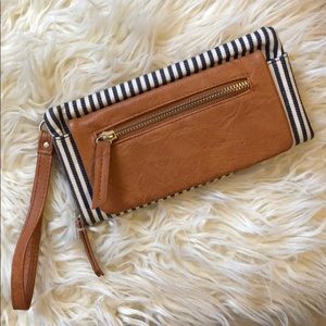 Faux leather and striped wristlet